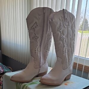 Cato Light Beige Tall Western Heeled Boots